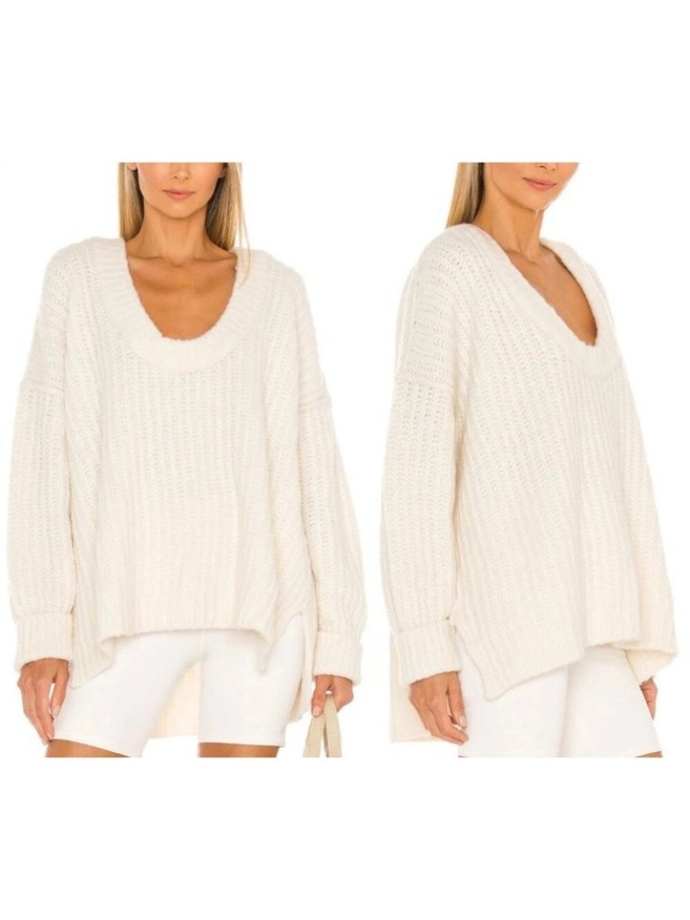 NWT $128 FREE PEOPLE Women’s Blue Bell V-Neck Oversized Sweater Ivory Sz Medium